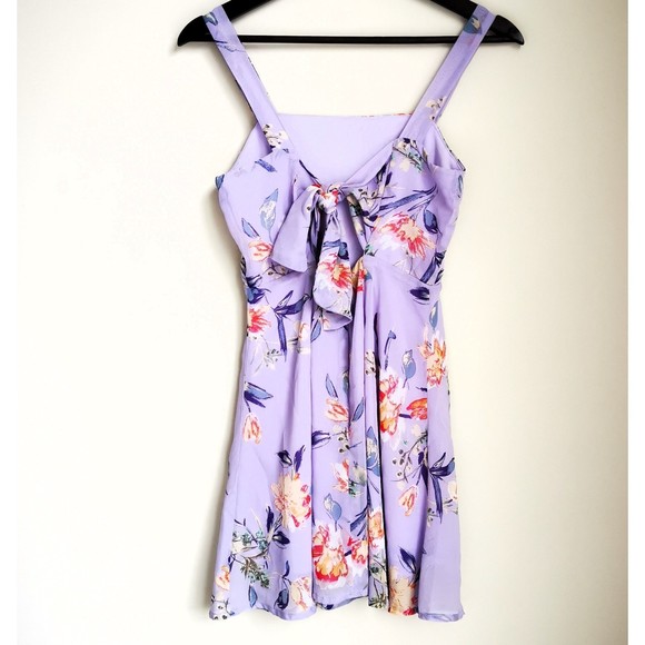 Louna Floral Tie Back Mini Fully Lined Square Neck Summer Dress Purple XS - Picture 5 of 13
